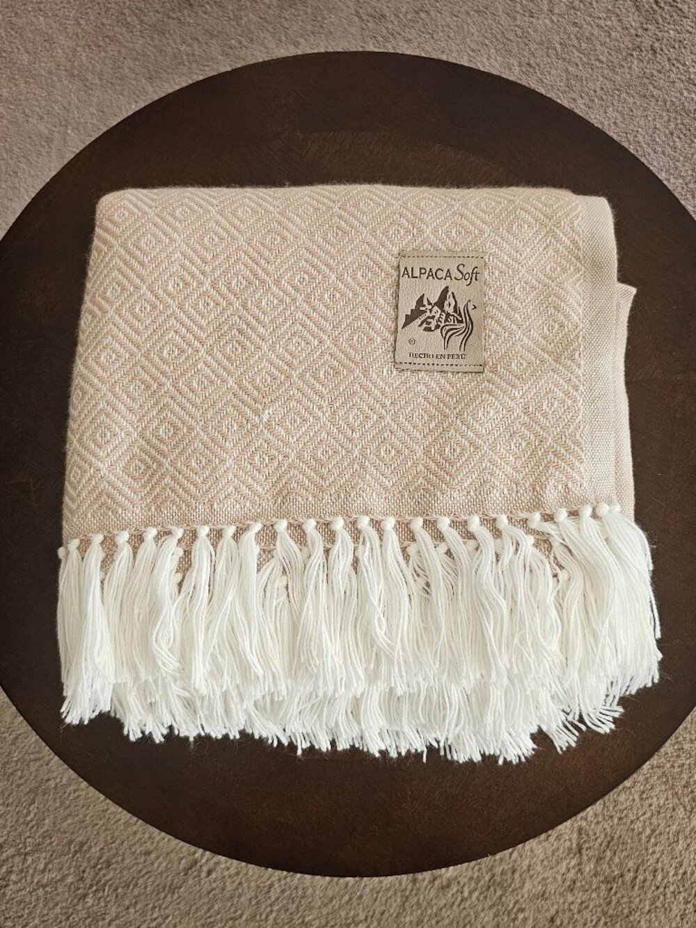 Peruvian Alpaca & Pima Cotton Throw Blanket - Soft Neutral Beige Diamond